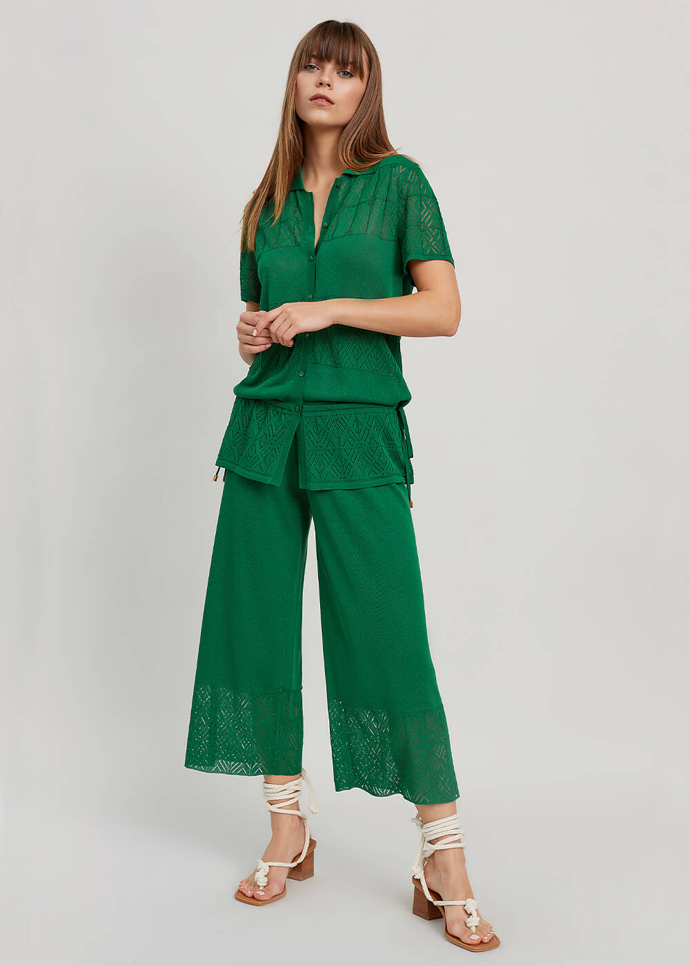 Zümrüt Yeşili Yazlık Crop Triko Pantolon - 2